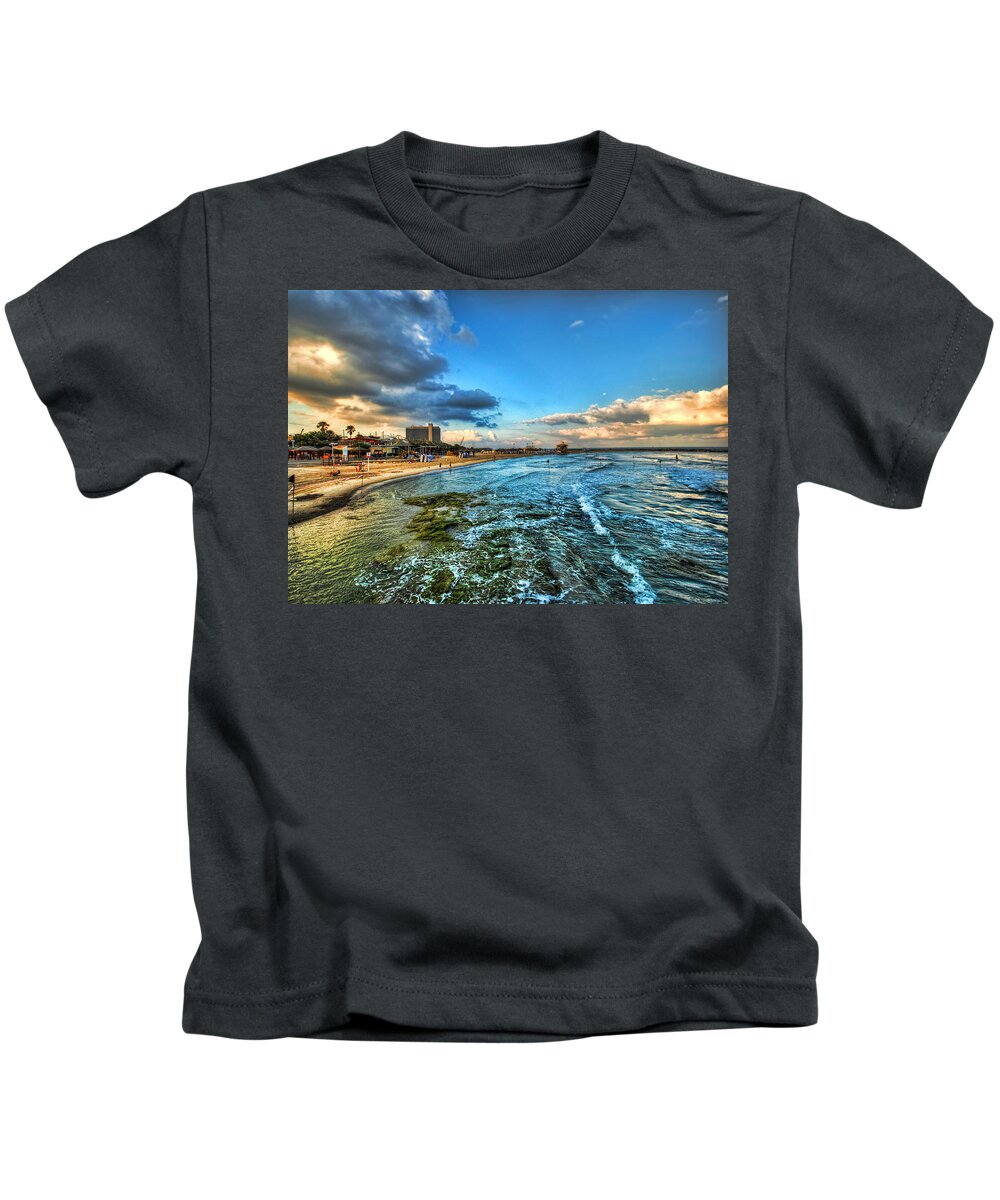 Israel Kids T-Shirt featuring the photograph a good morning from Hilton's beach by Ron Shoshani