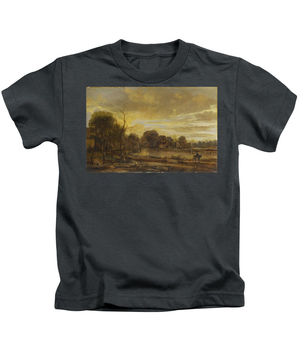 Aert Van Der Neer Kids T-Shirt featuring the painting A River Landscape with a Village by Aert van der Neer