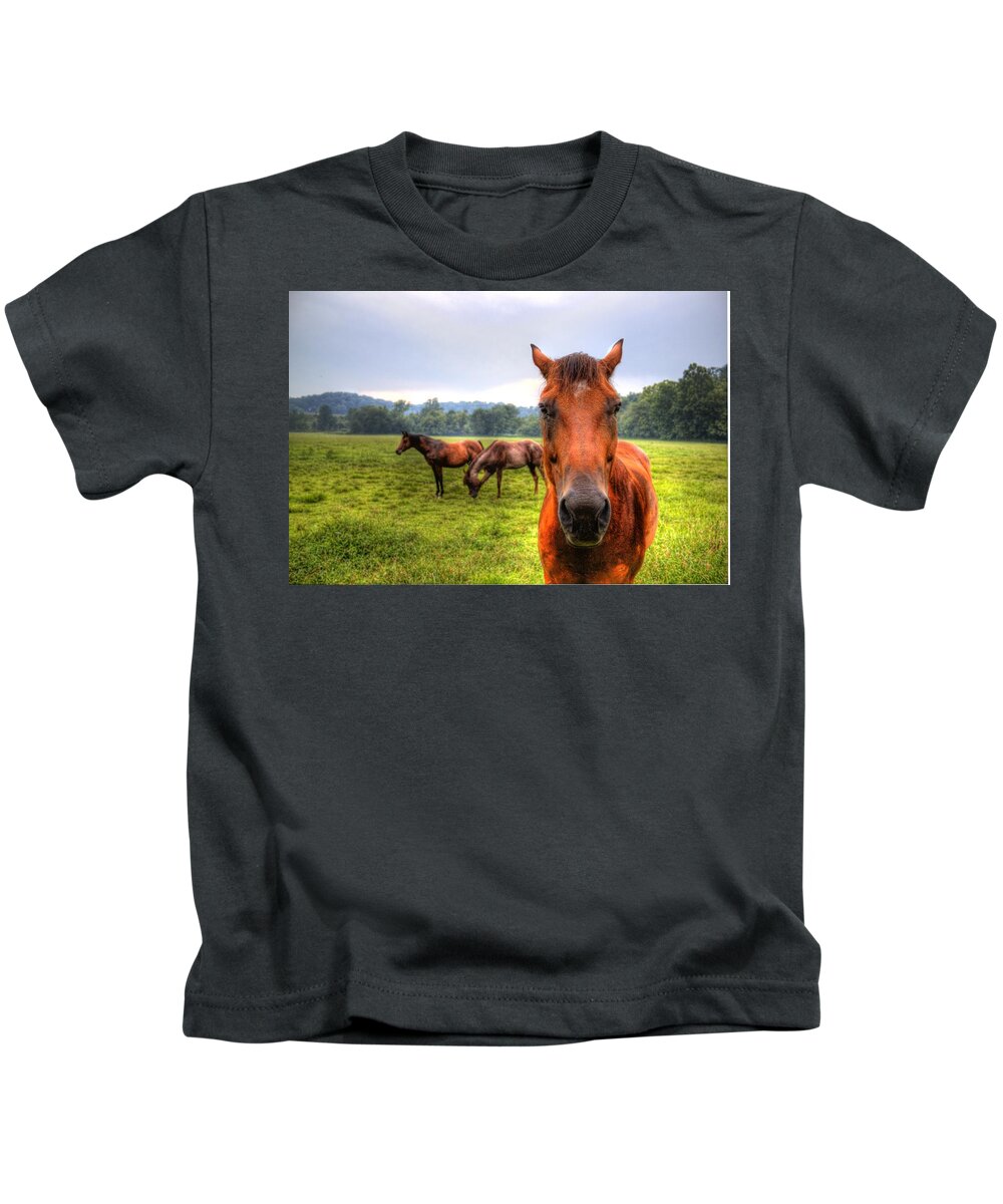 Horse Kids T-Shirt featuring the photograph A starring horse 2 by Jonny D