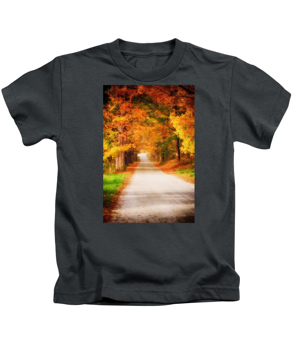 Autumn Foliage New England Kids T-Shirt featuring the photograph A walk along the golden path by Jeff Folger