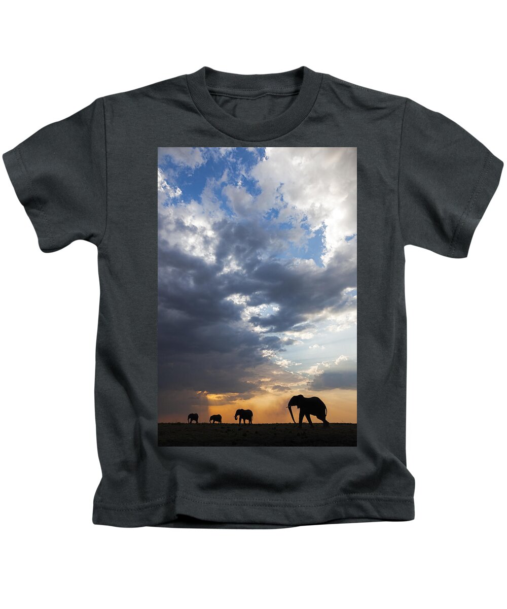 Vincent Grafhorst Kids T-Shirt featuring the photograph African Elephants At Sunset Botswana by Vincent Grafhorst