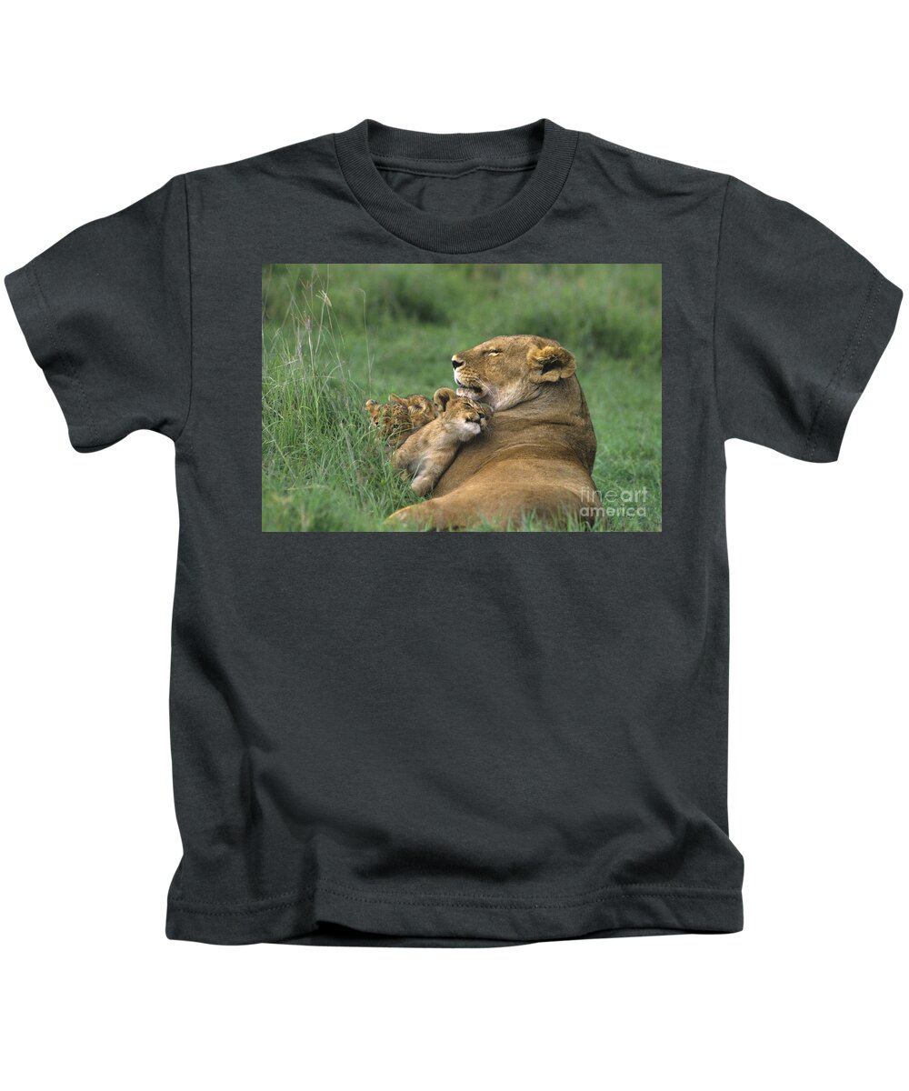 Africa Kids T-Shirt featuring the photograph African Lions Mother and Cubs Tanzania by Dave Welling