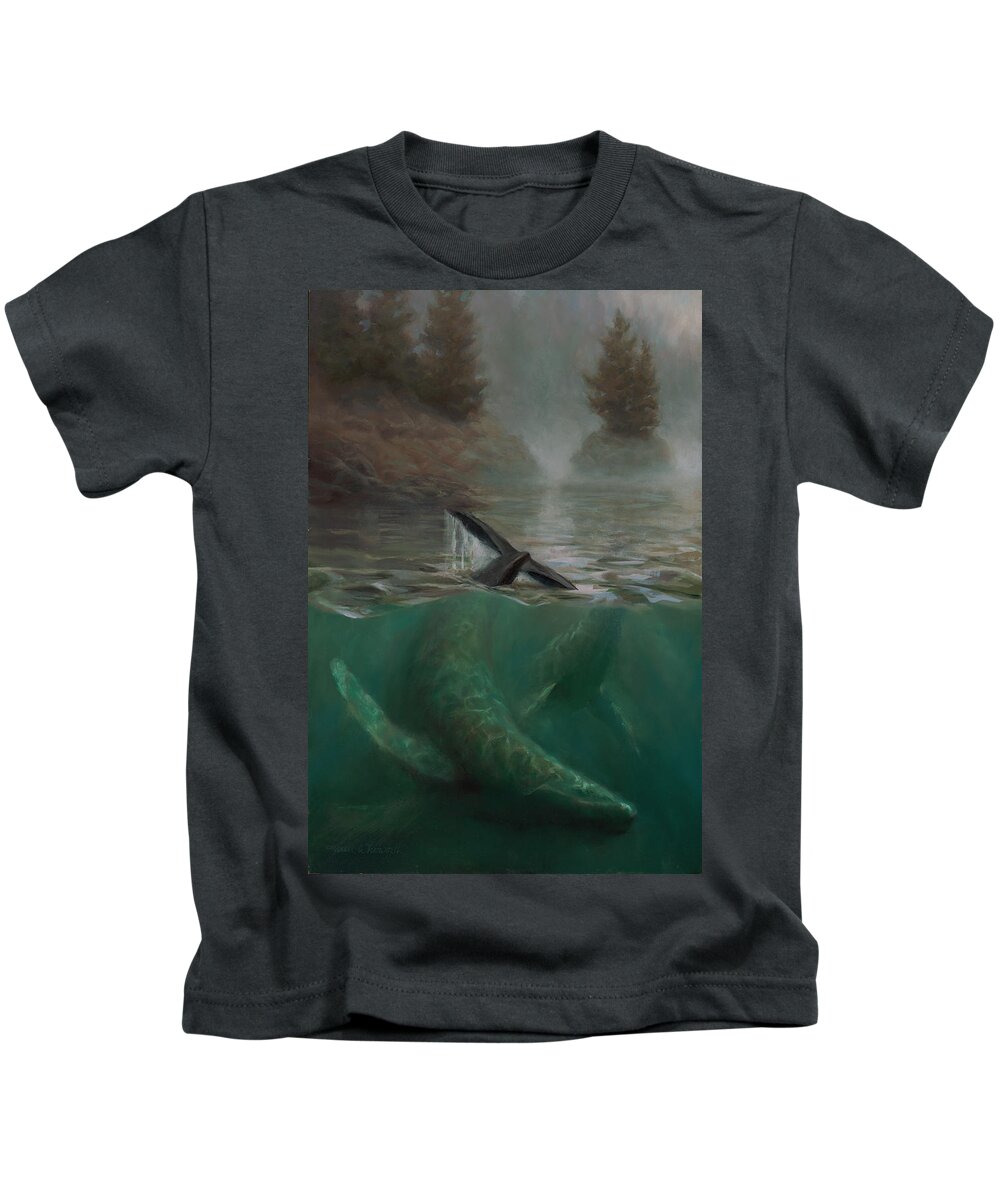 Humpback Kids T-Shirt featuring the painting Humpback Whales - Underwater Marine - Coastal Alaska Scenery by K Whitworth