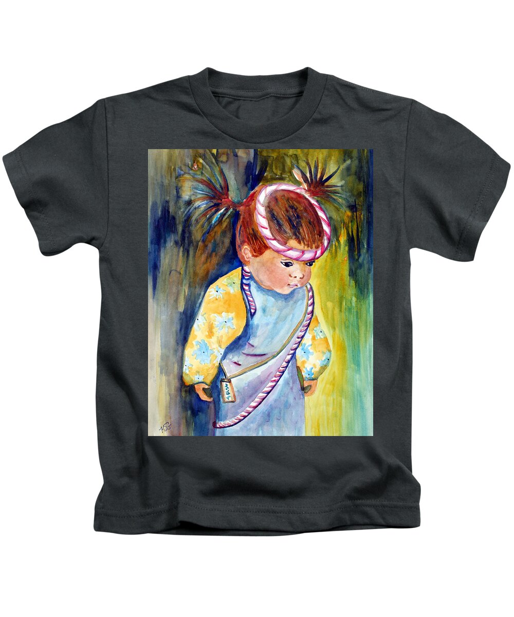 Ksg Kids T-Shirt featuring the painting Ali Learns to Bow by Kim Shuckhart Gunns