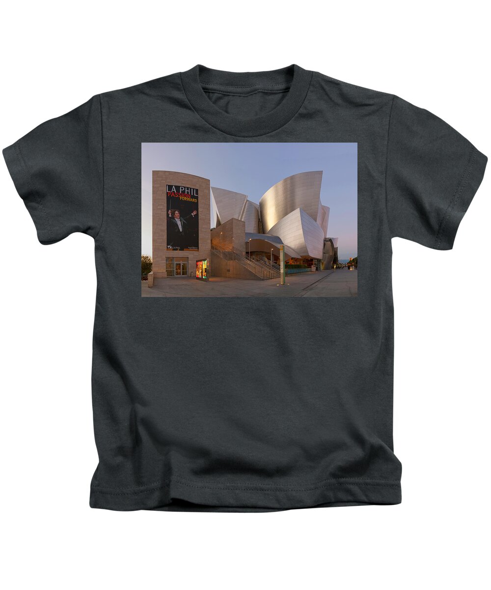 Walt Disney Concert Hall Kids T-Shirt featuring the photograph An Evening with Gustavo - Walt Disney Concert Hall Architecture Los Angeles by Ram Vasudev