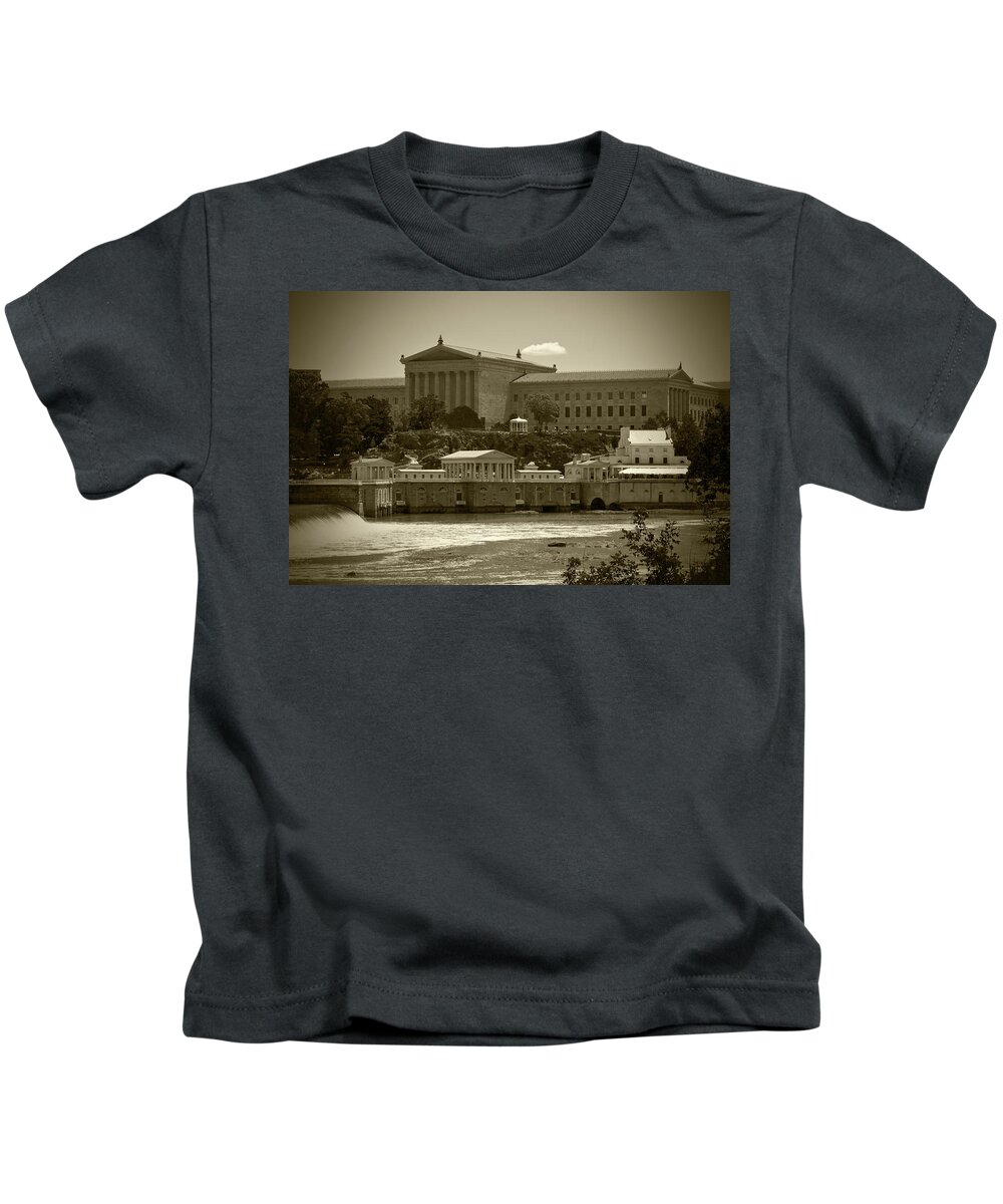 Philadelphia Kids T-Shirt featuring the photograph Art Museum and Fairmount Waterworks - BW by Lou Ford