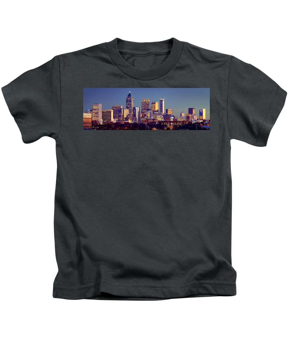 Atlanta Kids T-Shirt featuring the photograph Atlanta Skyline at Dusk Downtown Color Panorama by Jon Holiday