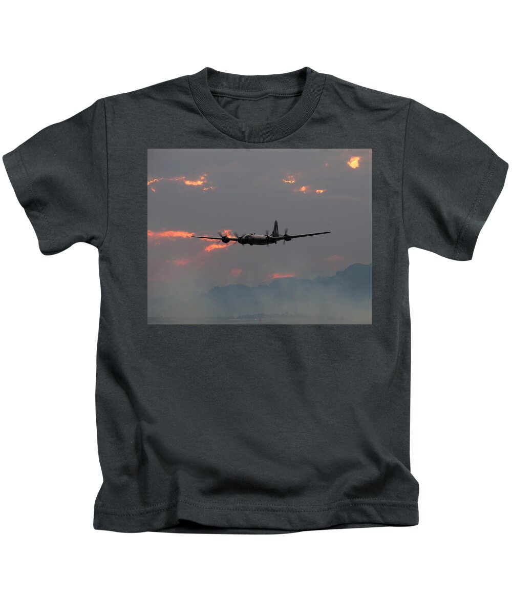 Aircraft Kids T-Shirt featuring the photograph B-29 Bomber Aircraft in Sunset Flight by Amy McDaniel