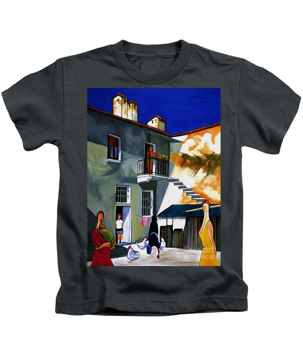 Mediterranean Village Kids T-Shirt featuring the painting Backyard Chickens by William Cain