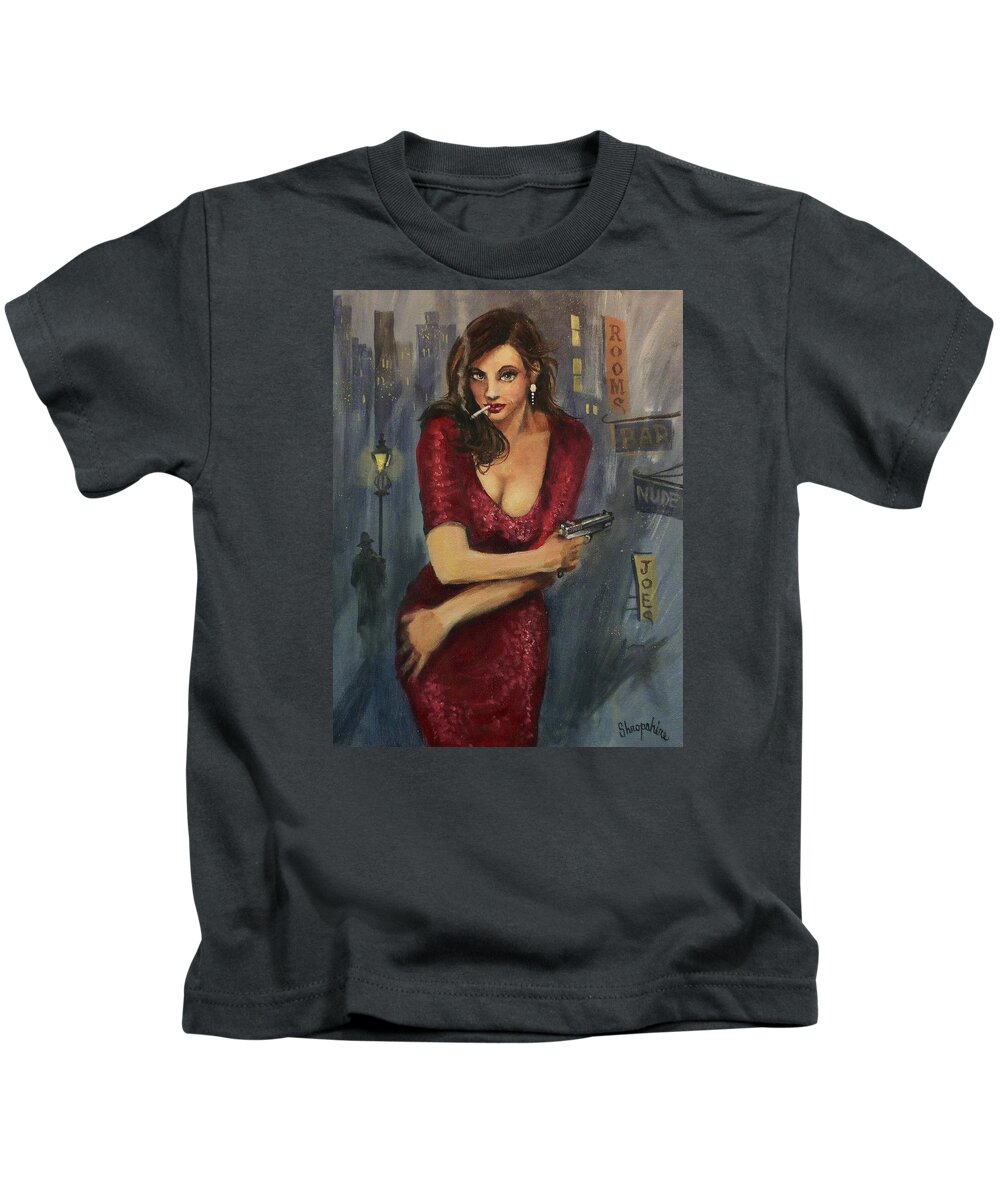 City At Night Kids T-Shirt featuring the painting Bad Girl by Tom Shropshire