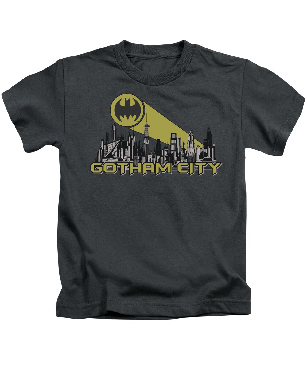  Kids T-Shirt featuring the digital art Batman - Gotham Skyline by Brand A
