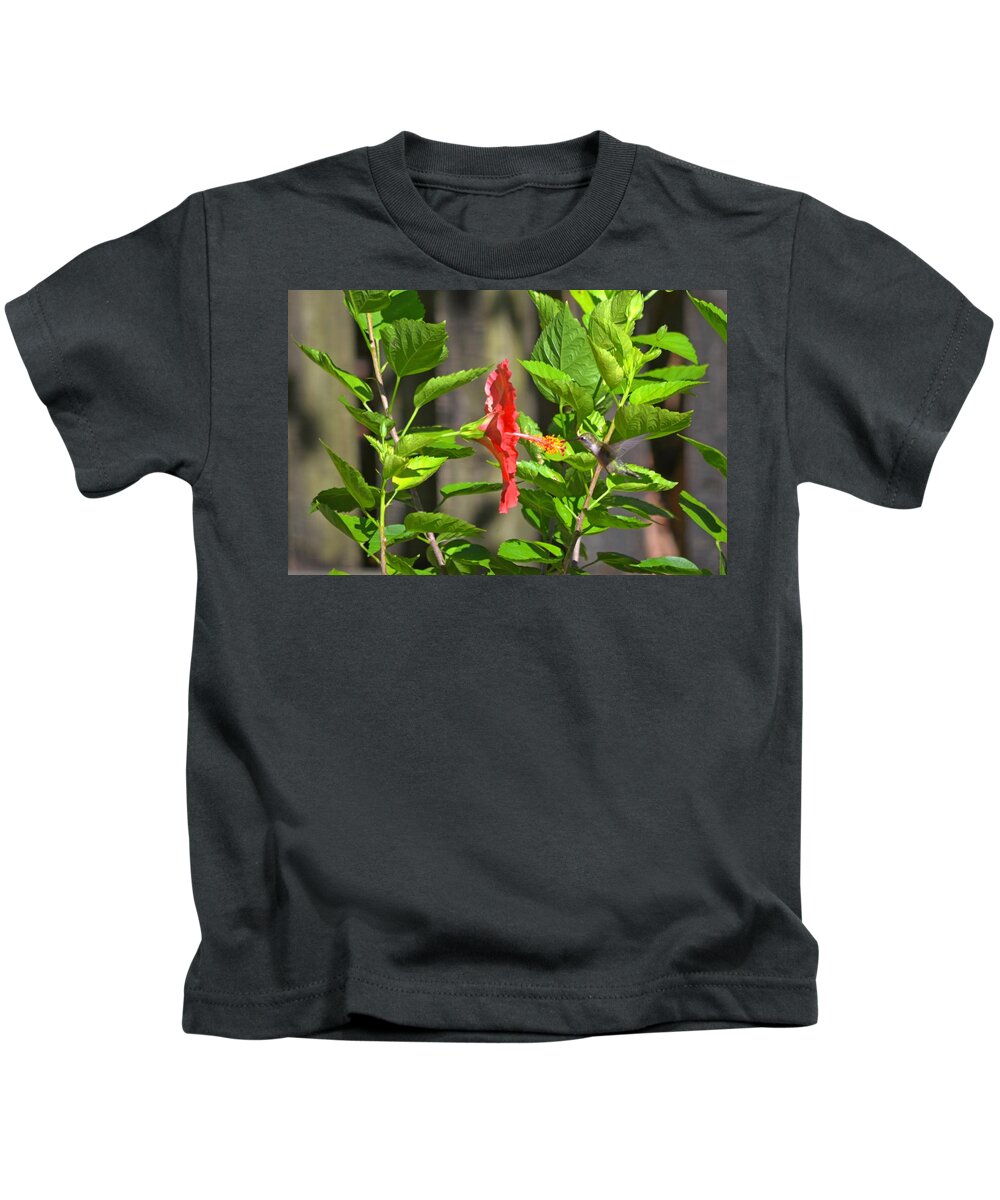 Best Kids T-Shirt featuring the photograph Best Close-Up Green Hummingbird on Red Hibiscus Flower. by Jeff at JSJ Photography