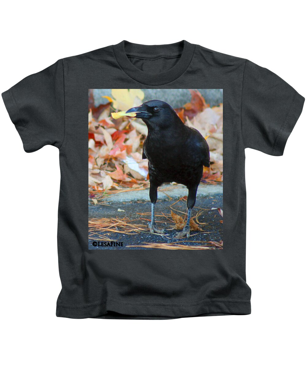 Crow Kids T-Shirt featuring the photograph Big Daddy Crow Leaf Picker by Lesa Fine