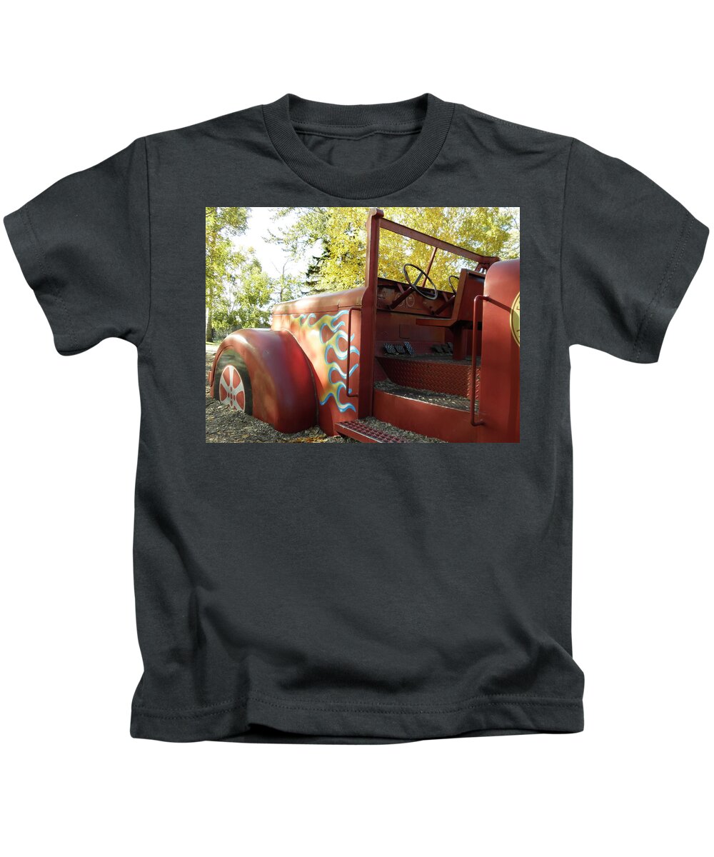 Red Kids T-Shirt featuring the photograph Blazing Red Fire Truck by Vivian Martin