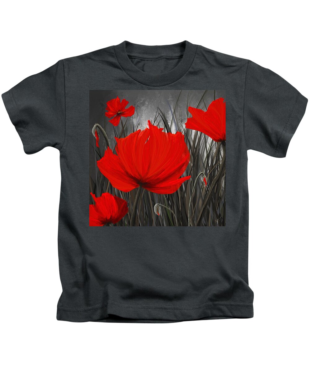 Poppies Kids T-Shirt featuring the painting Blood-Red Poppies - Red And Gray Art by Lourry Legarde