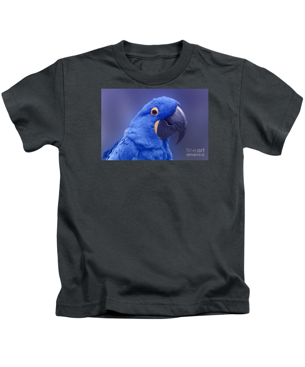Blue Hyacinth Macaw Kids T-Shirt featuring the photograph Blue Hyacinth Macaw - Anodorhynchus hyacinthinus - Puohokamoa Hoolawa Maui Hawaii by Sharon Mau