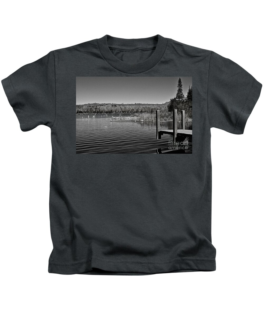 Black And White Photography Kids T-Shirt featuring the photograph Boat Dock Black and White by Gwen Gibson