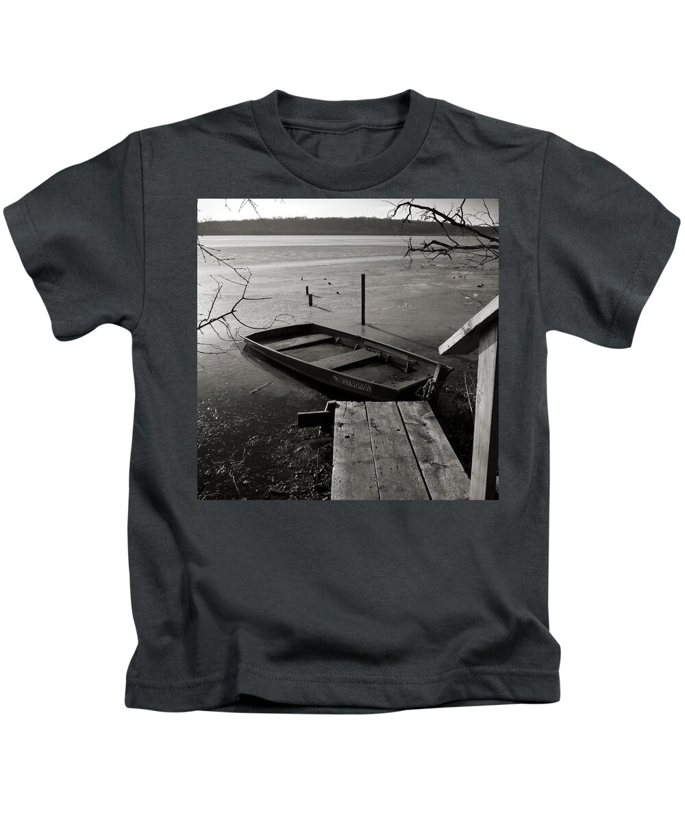 Wingra Kids T-Shirt featuring the photograph Boat in Ice - Lake Wingra - Madison - WI by Steven Ralser