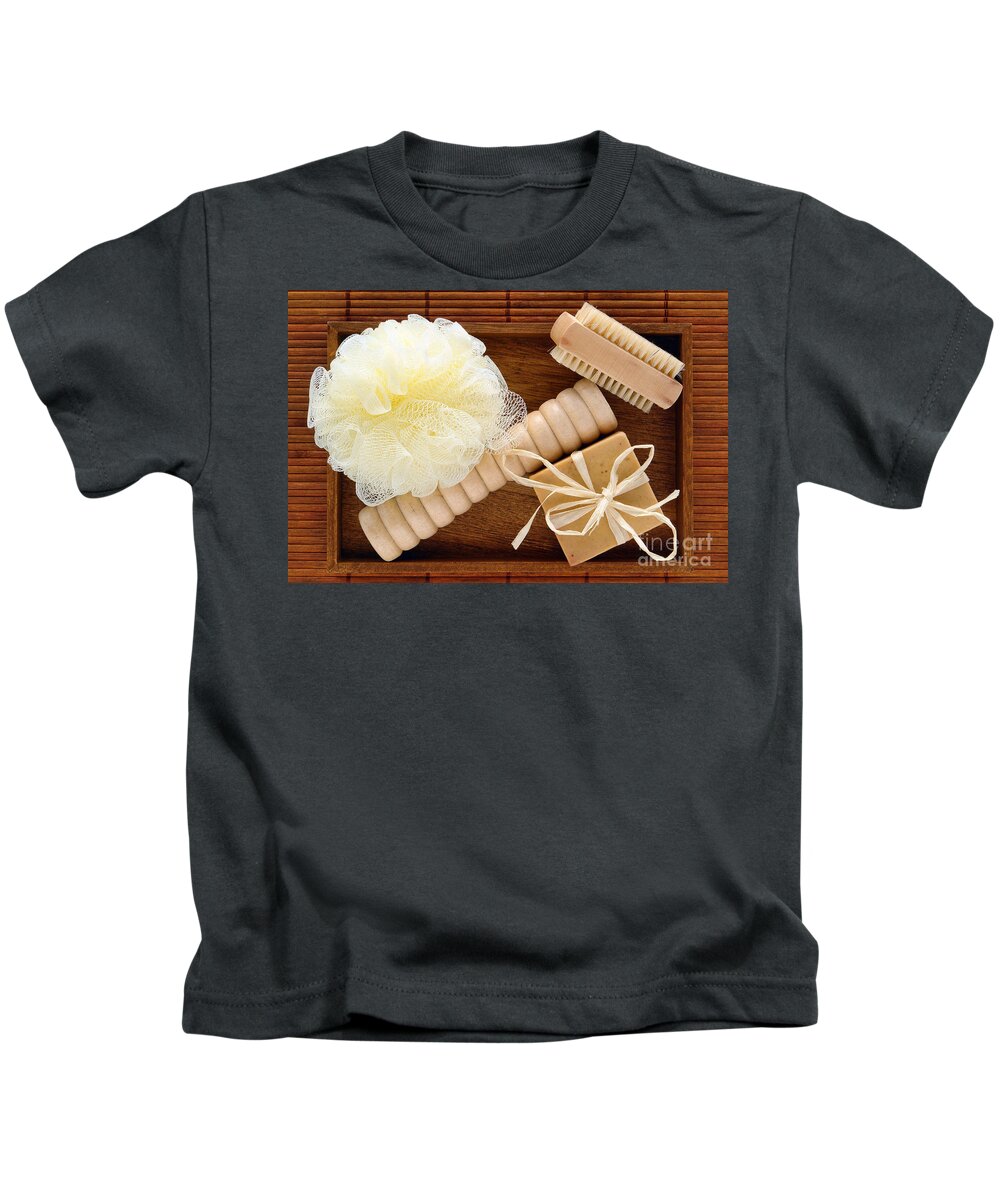 Spa Kids T-Shirt featuring the photograph Body Care Accessories in Wood Tray by Olivier Le Queinec