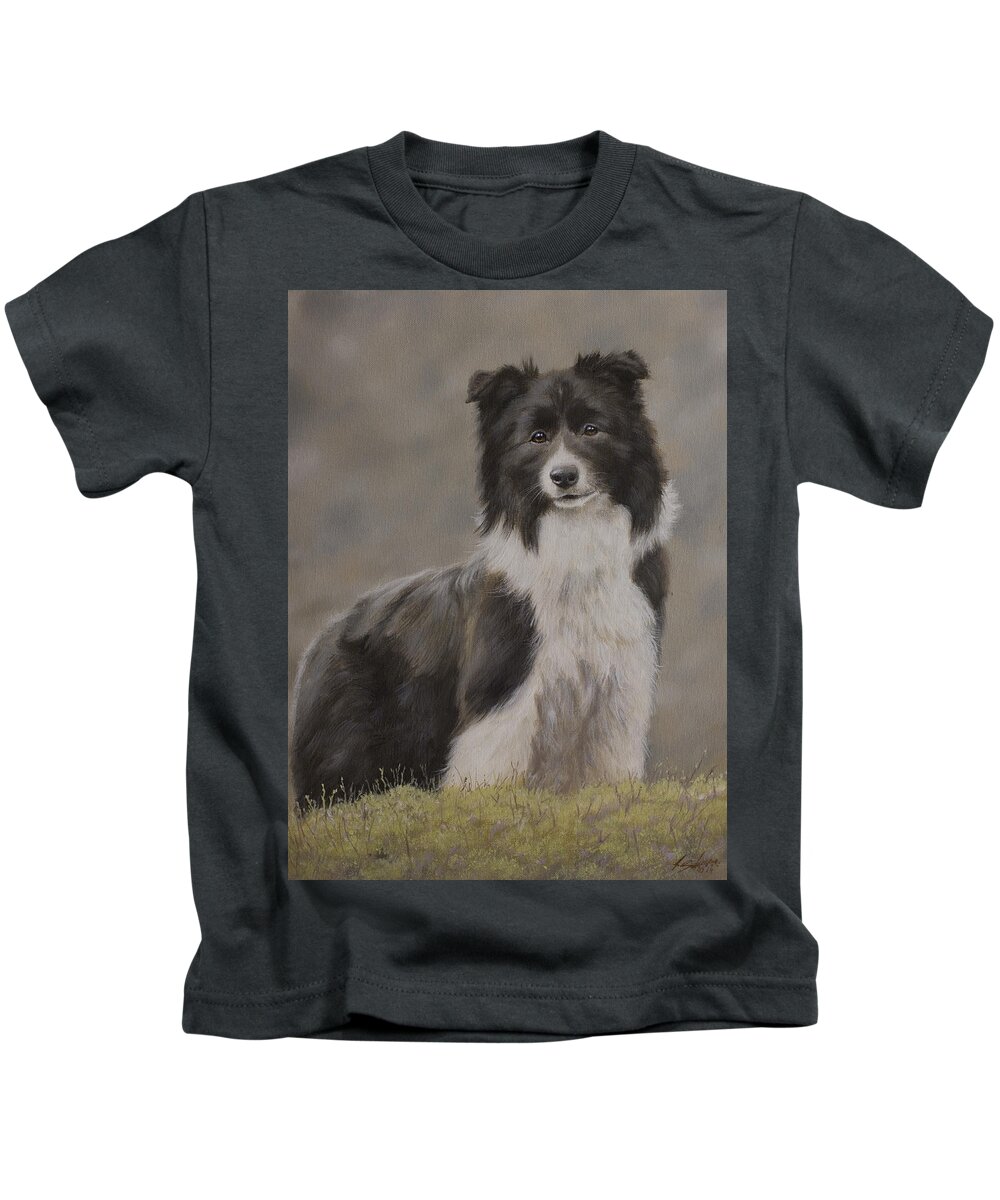 Border Collie Kids T-Shirt featuring the painting Border Collie portrait VIII by John Silver