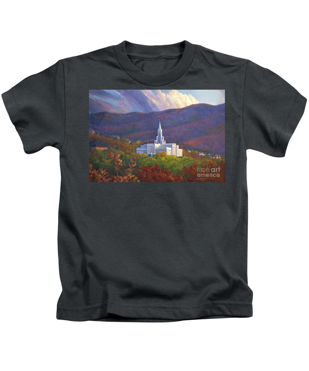 Bountiful Temple Kids T-Shirt featuring the painting Bountiful Temple in the mountains by Robert Corsetti