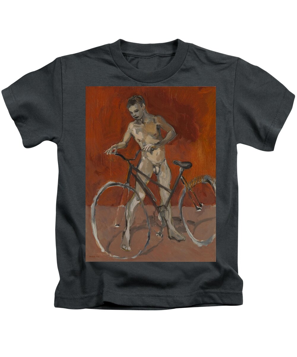 Boy Kids T-Shirt featuring the painting Boy with bicycle red oxide by Peregrine Roskilly