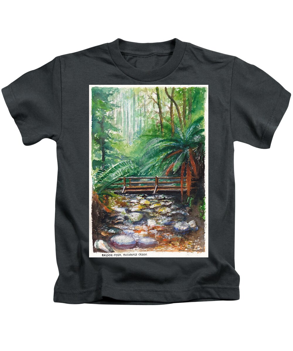 Rainforest Kids T-Shirt featuring the painting Bridge over Badger Creek by Dai Wynn