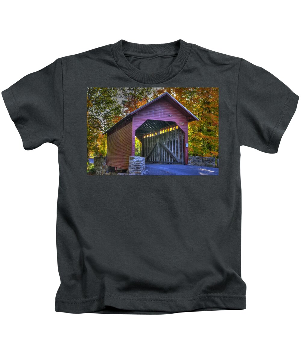 Roddy Road Covered Bridge Kids T-Shirt featuring the photograph Bridge to the Past Roddy Road Covered Bridge-A1 Autumn Frederick County Maryland by Michael Mazaika