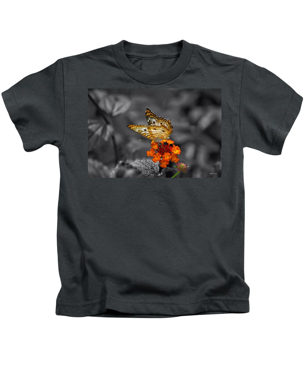 Il Kids T-Shirt featuring the photograph Butterfly Wings Of Sun Light Selective Coloring Black and White Digital Art by Thomas Woolworth
