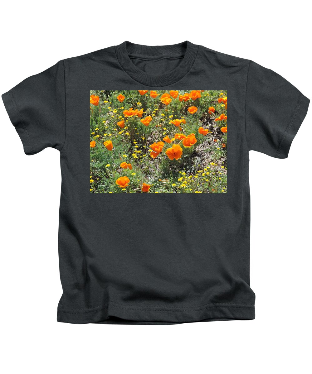California Poppy Kids T-Shirt featuring the photograph California Poppies in Field Closeup by Enaid Silverwolf