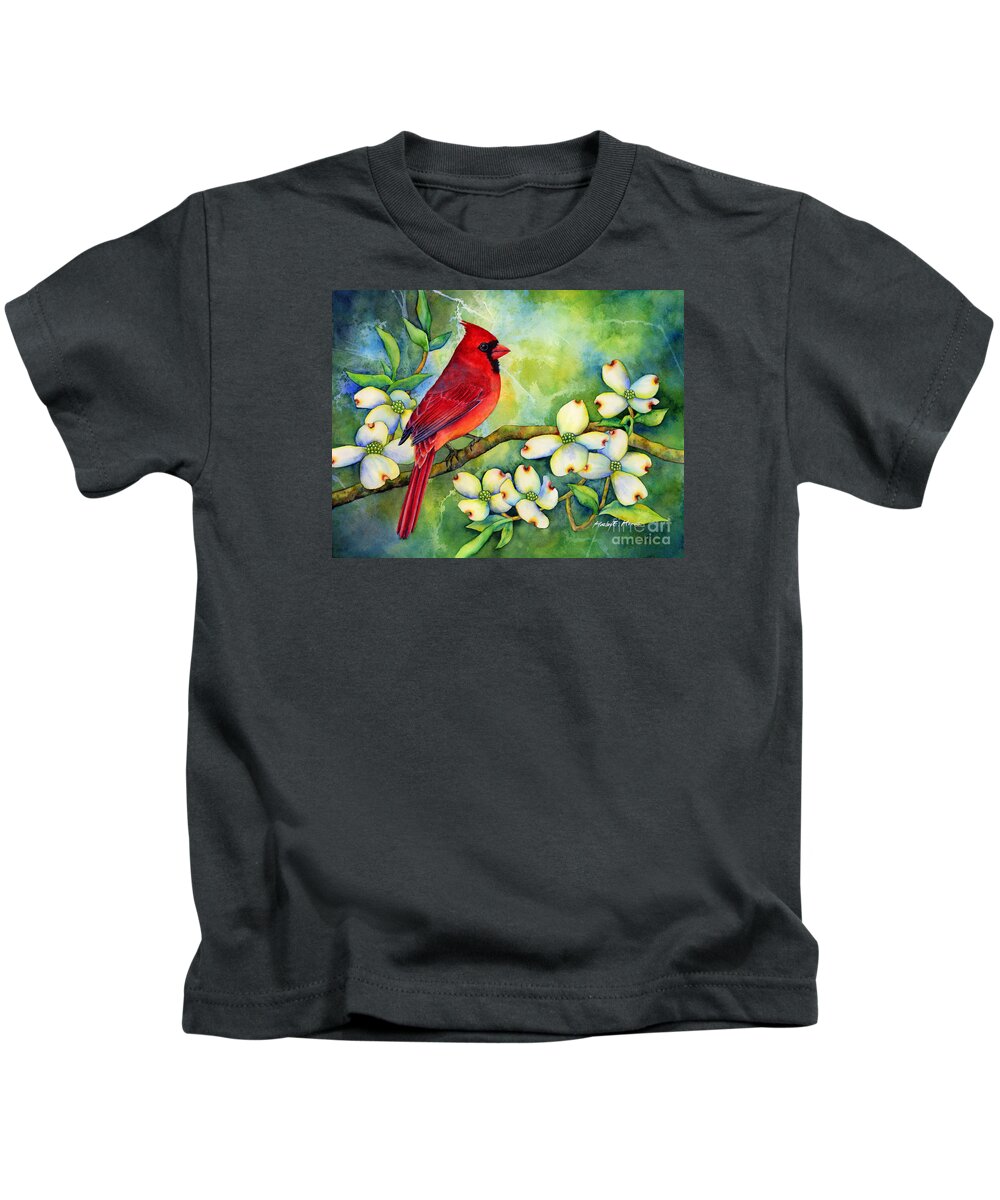 Cardinal Kids T-Shirt featuring the painting Cardinal on Dogwood by Hailey E Herrera