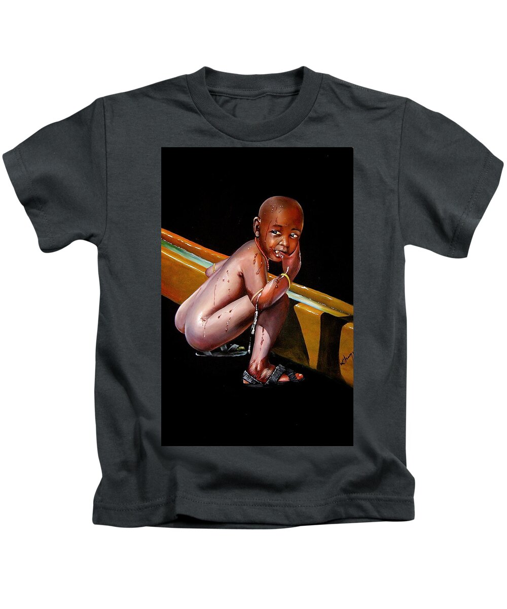 African Paintings Kids T-Shirt featuring the painting Caught Drinking at the Trough by Chagwi