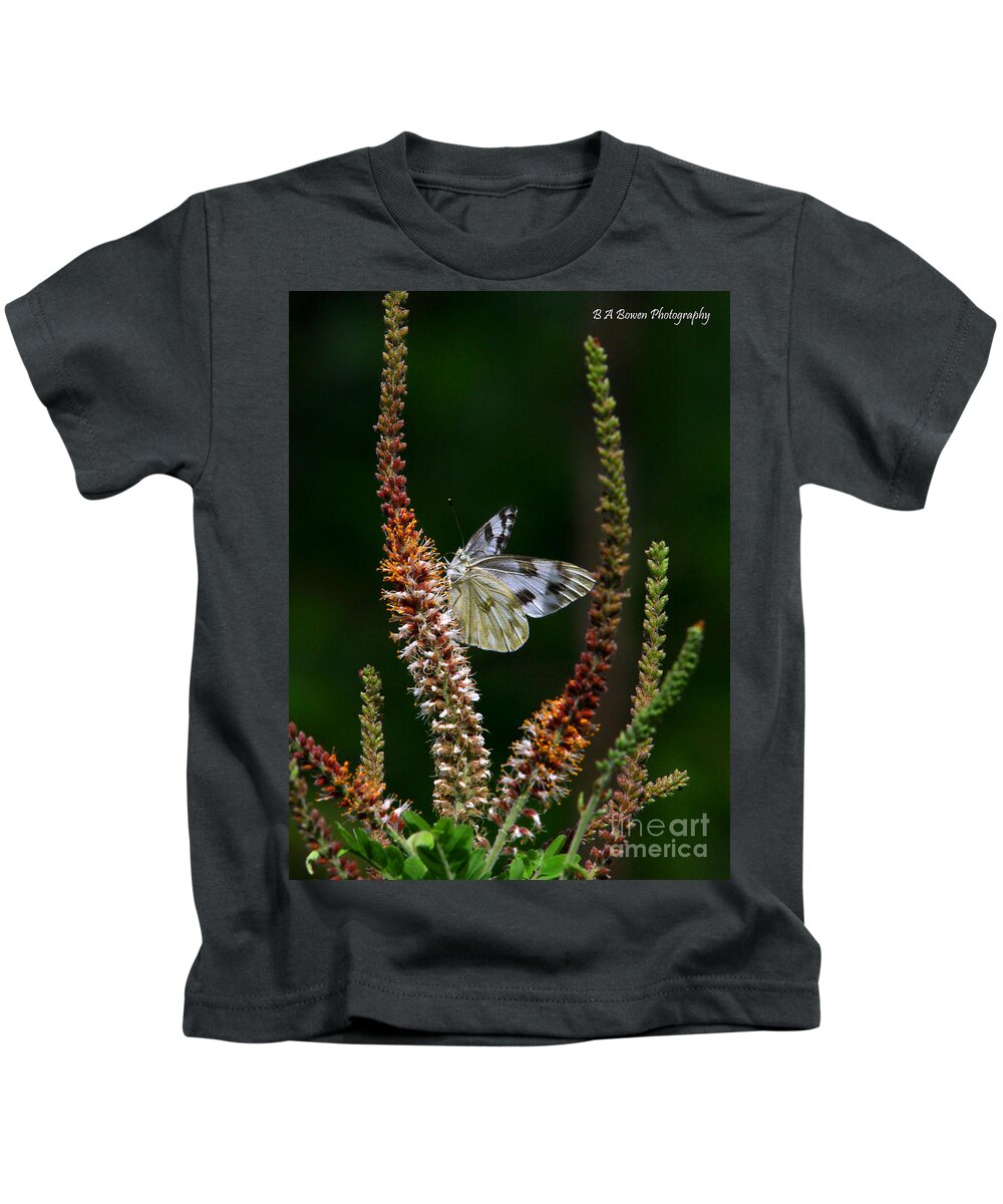 Checkered White Butterfly Kids T-Shirt featuring the photograph Checkered White on an Indigo by Barbara Bowen