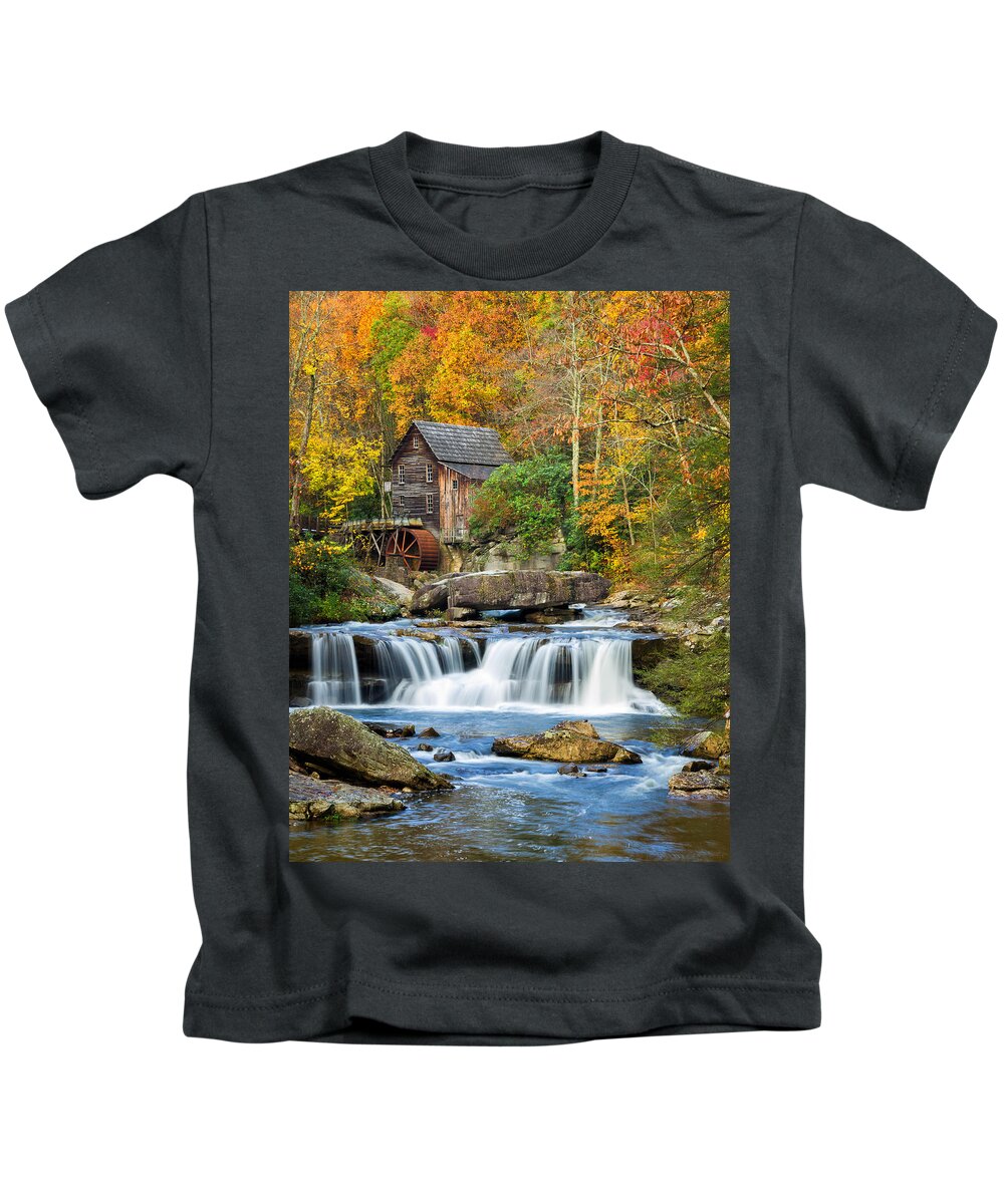 Babcock State Park Kids T-Shirt featuring the photograph Colorful Autumn Grist Mill by Lori Coleman