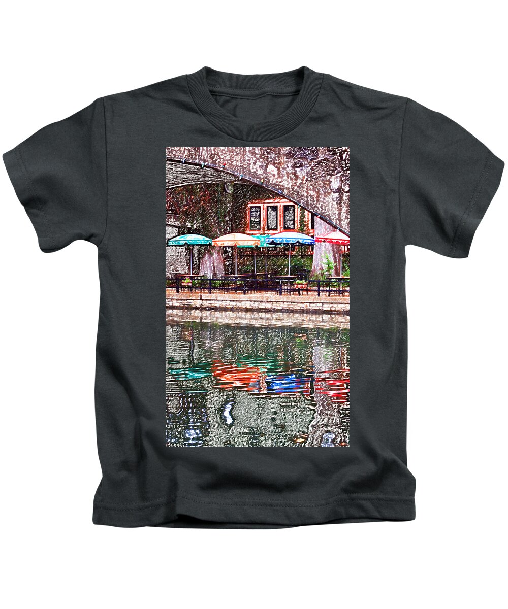 San Antonio Kids T-Shirt featuring the digital art Colorful Umbrellas Reflected in Riverwalk Under Footbridge San Antonio Colored Pencil Digital Art by Shawn O'Brien