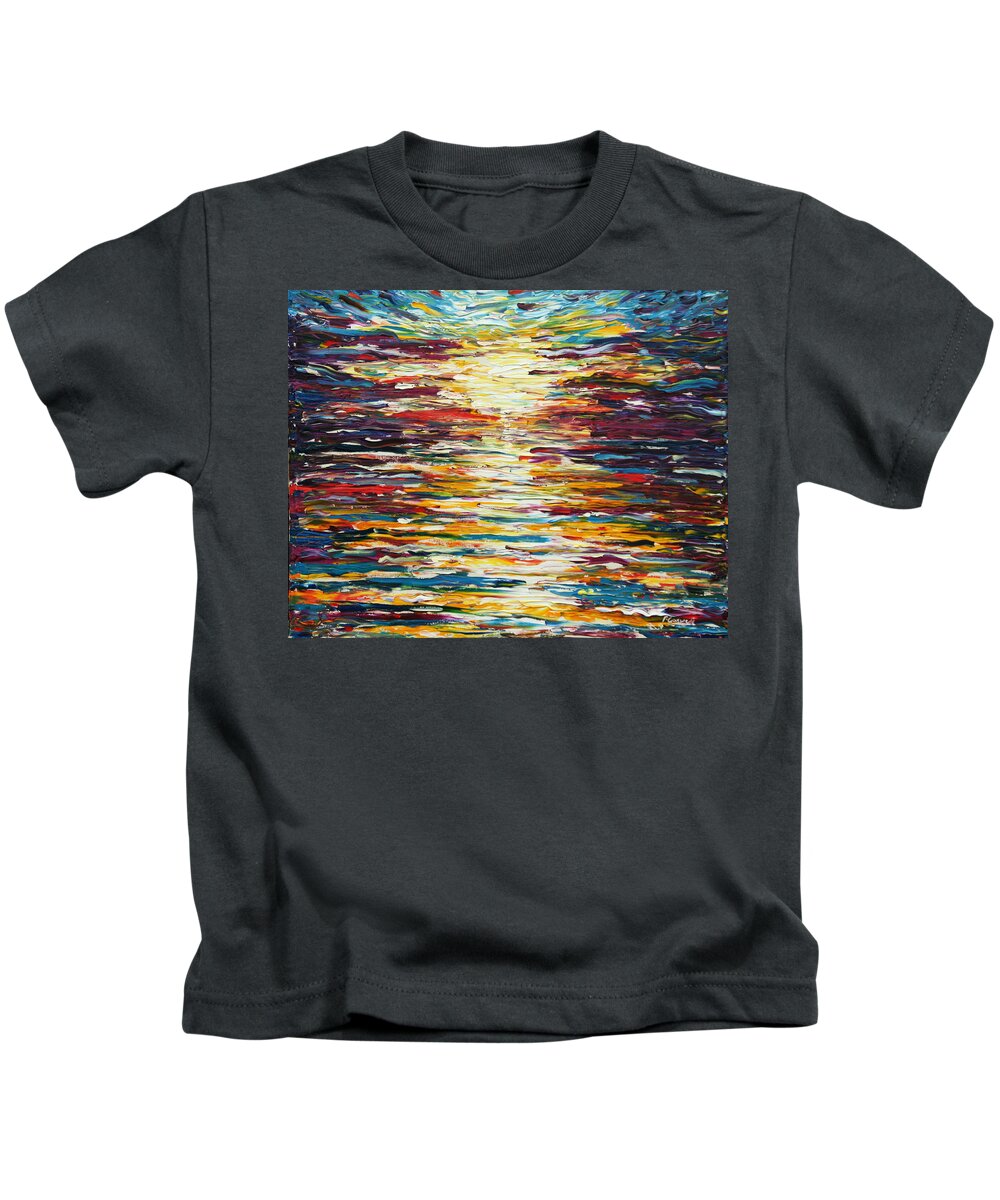 Sunset Kids T-Shirt featuring the painting Coloured Sunset at Croyde Bay by Pete Caswell