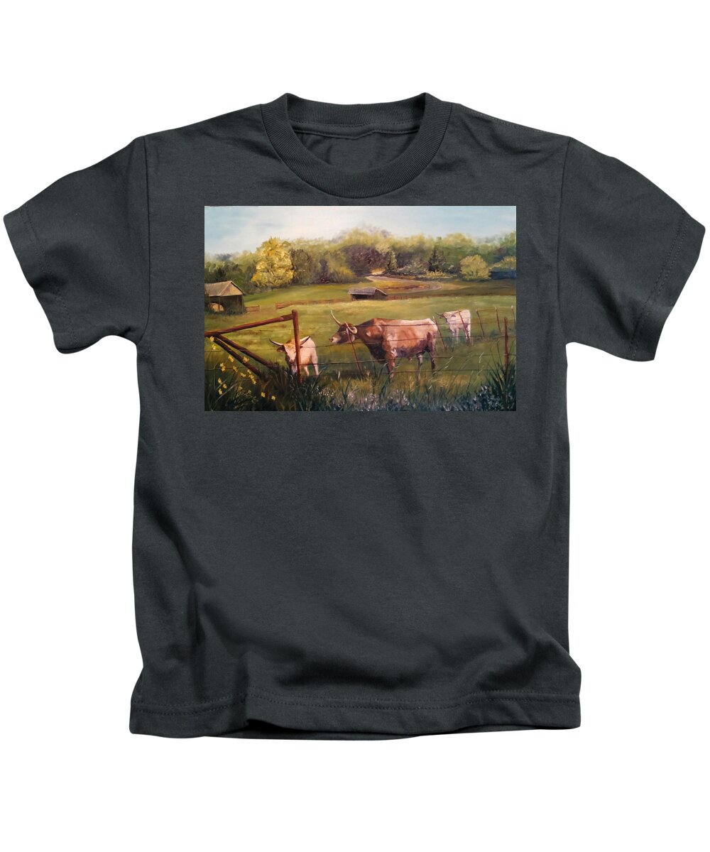 Longhorn Cattle Kids T-Shirt featuring the painting Courtship Across The Fence Line by Connie Rish
