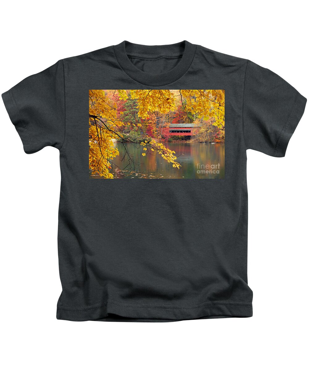 Photography Kids T-Shirt featuring the photograph Covered Bridge in Autumn by Larry Ricker