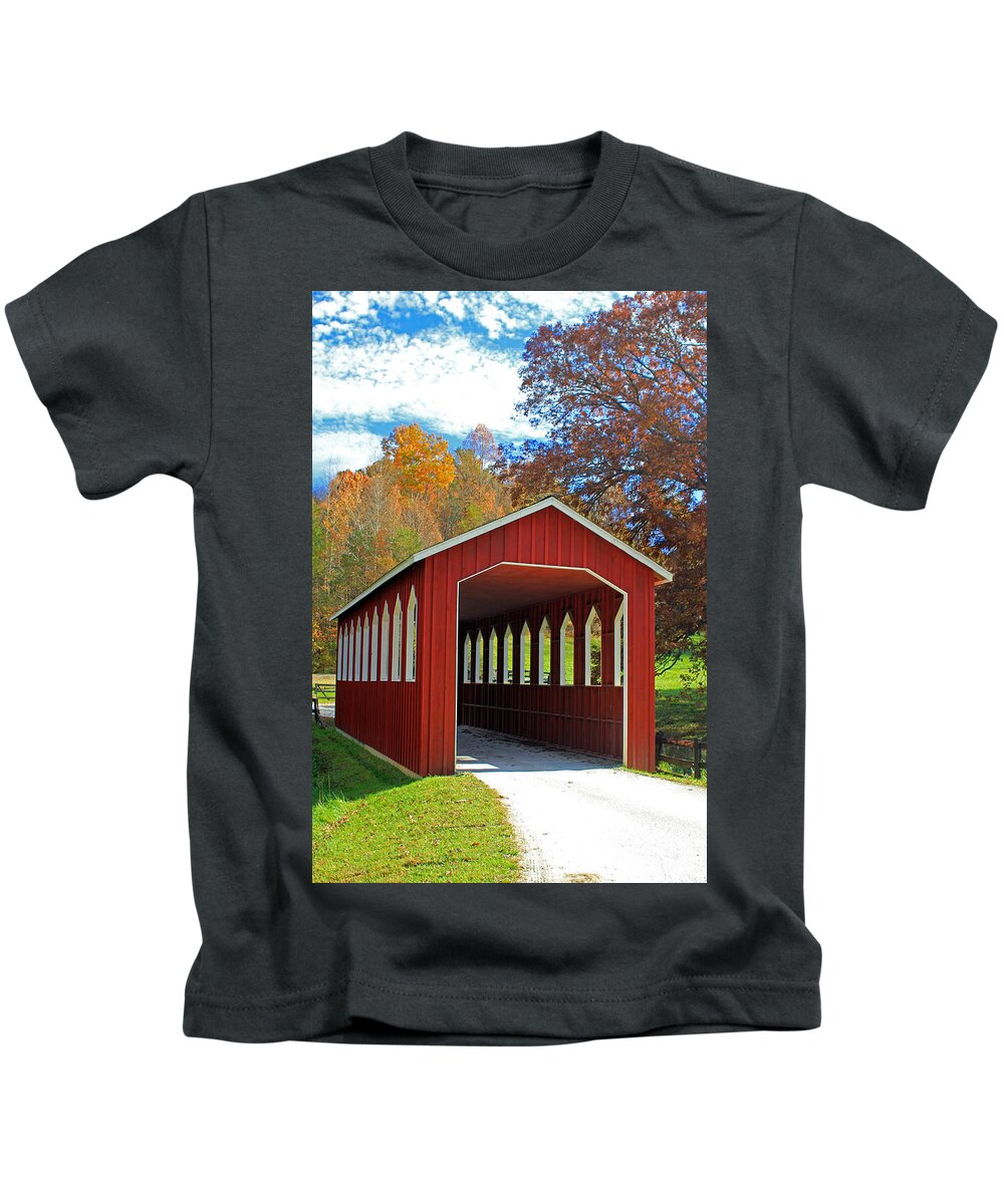 Red Covered Bridge Kids T-Shirt featuring the photograph Covered Bridge by Jennifer Robin
