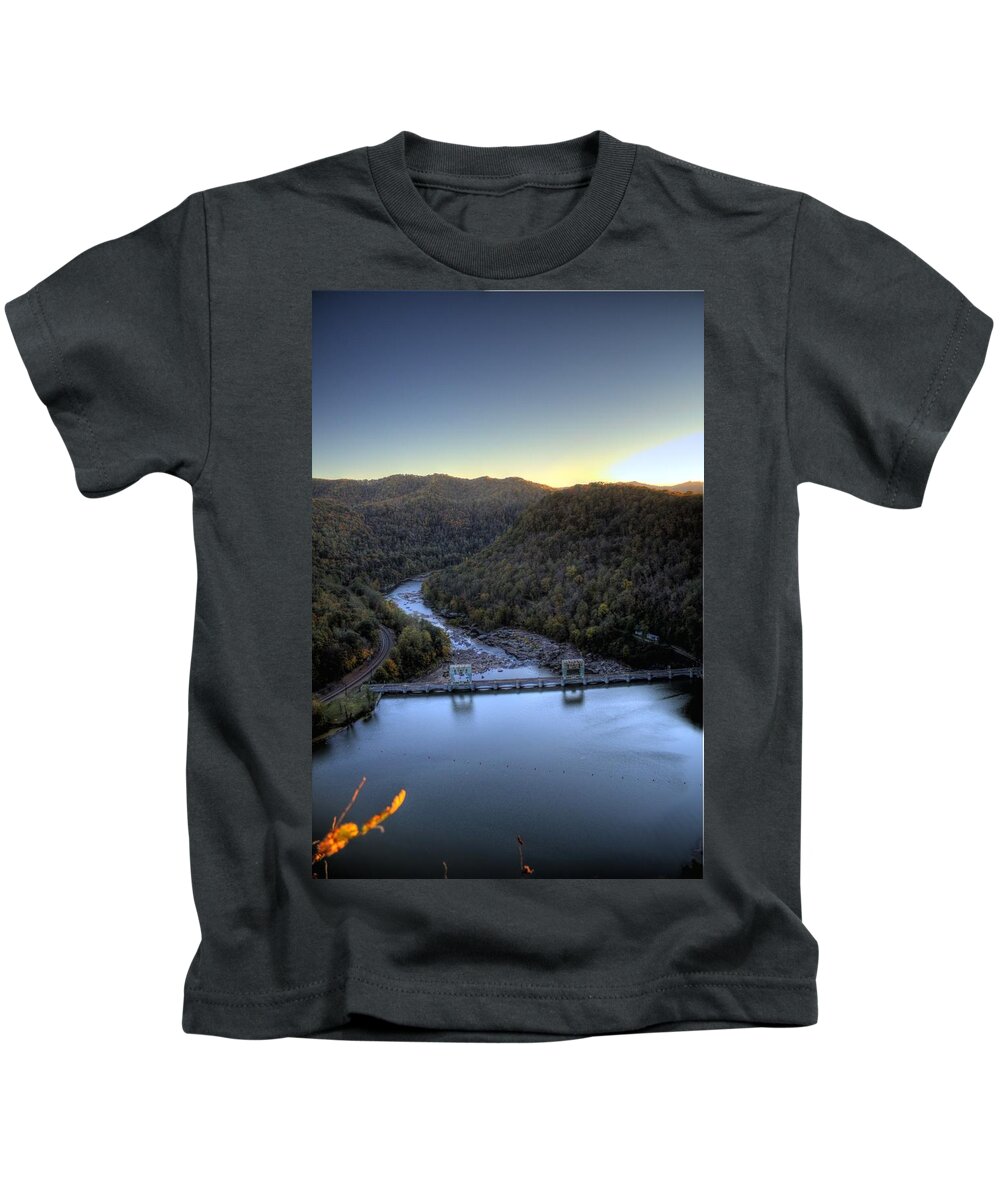 River Kids T-Shirt featuring the photograph Dam Across the river by Jonny D