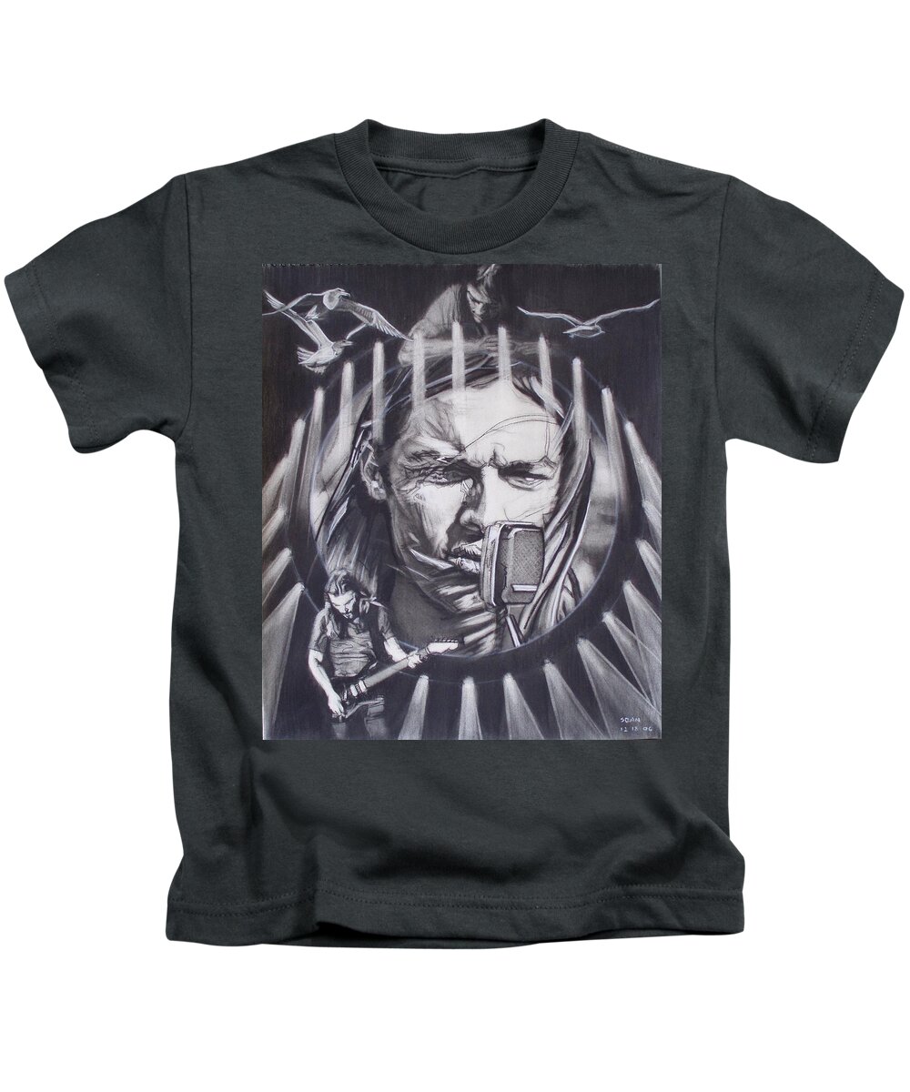 Charcoal Pencil On Paper Kids T-Shirt featuring the drawing David Gilmour Of Pink Floyd - Echoes by Sean Connolly