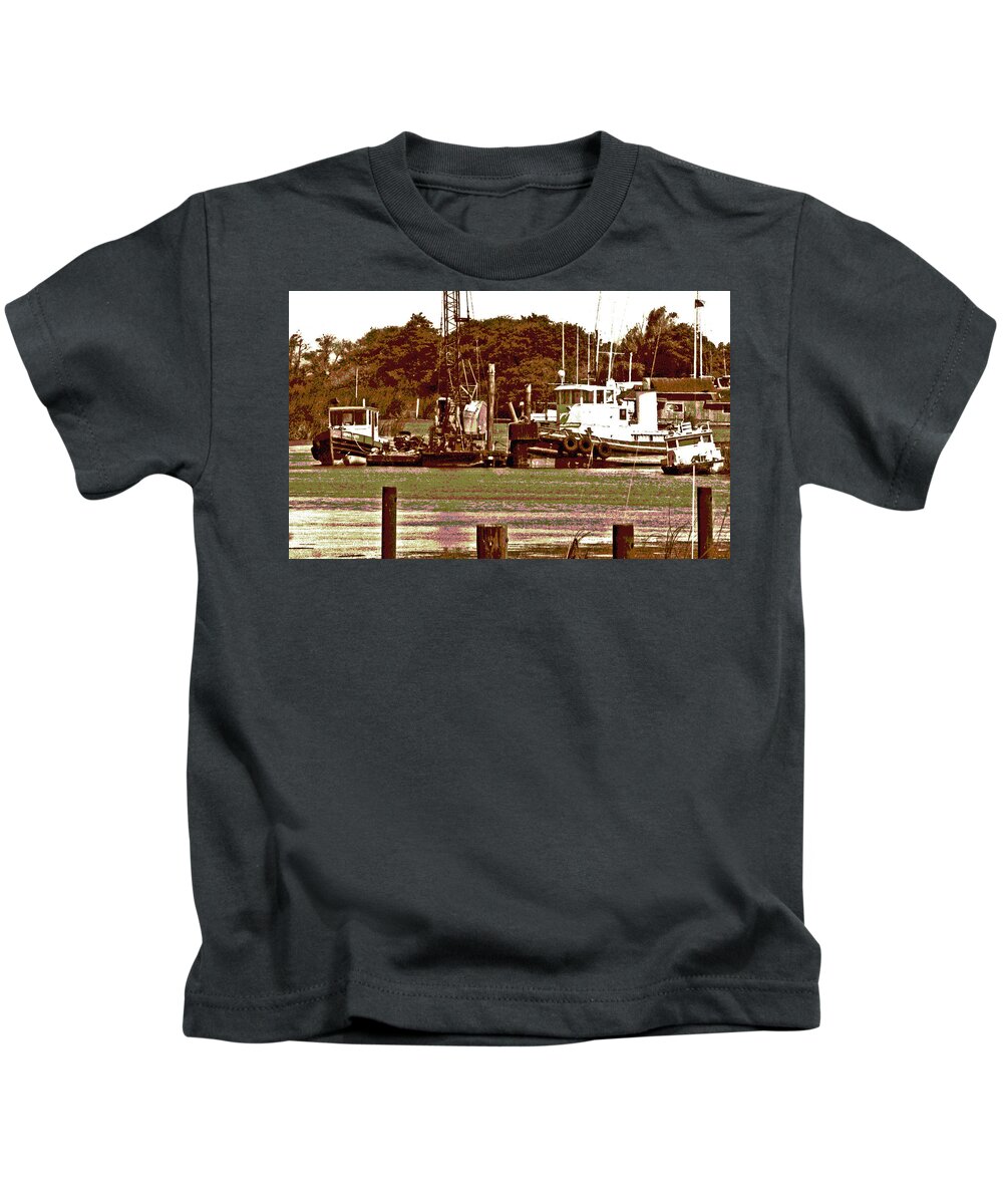 Sacramento River Delta Kids T-Shirt featuring the digital art Delta Tug Boats At Work by Joseph Coulombe
