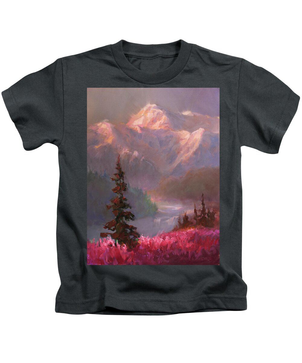 Denali Kids T-Shirt featuring the painting Denali Summer - Alaskan Mountains in Summer by K Whitworth
