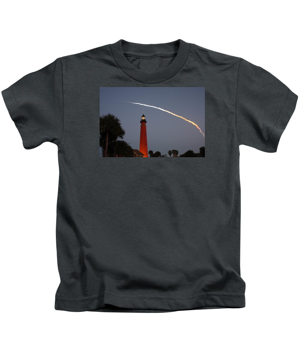 Space Kids T-Shirt featuring the photograph Discovery Booster Separation over Ponce Inlet Lighthouse by Paul Rebmann