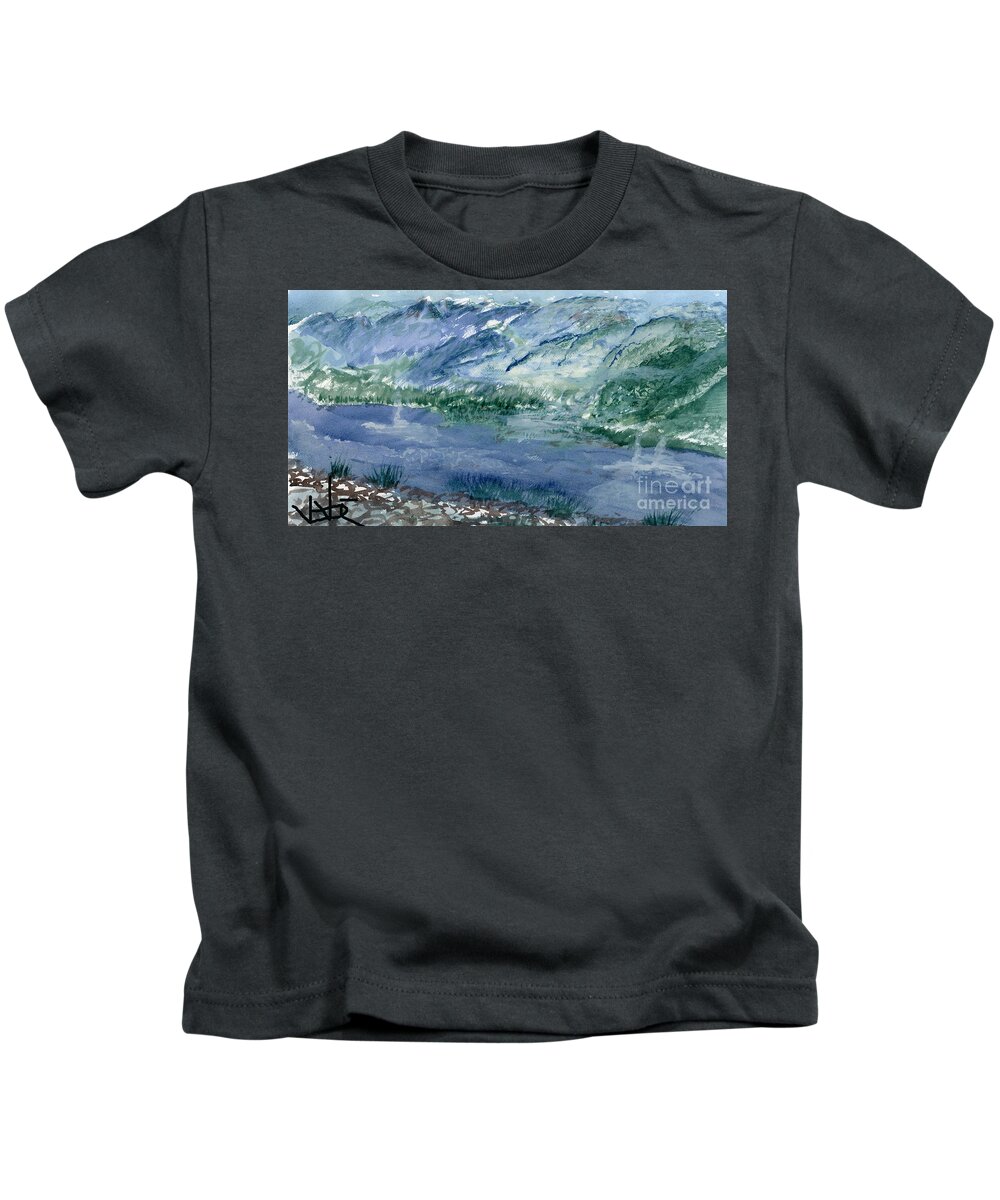 Landscape Mountains Blue Water Kids T-Shirt featuring the painting Down By The River to Pray by Victor Vosen