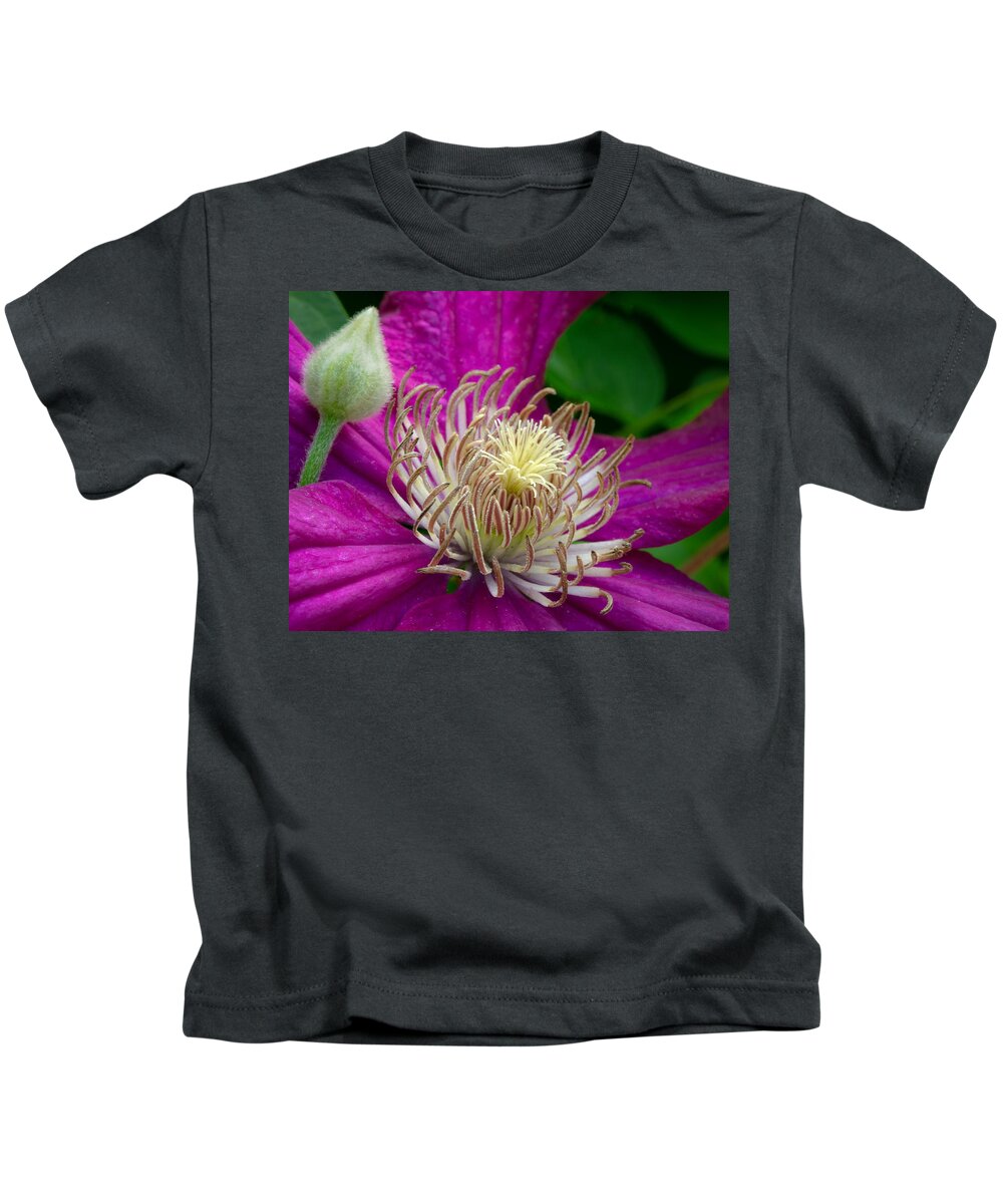 Clematis Kids T-Shirt featuring the photograph Dr. Seuss Flower No. 7636 and Bud by Georgette Grossman