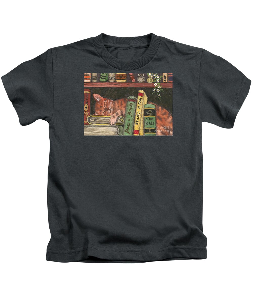 Print Kids T-Shirt featuring the painting Dreaming In The Library by Margaryta Yermolayeva