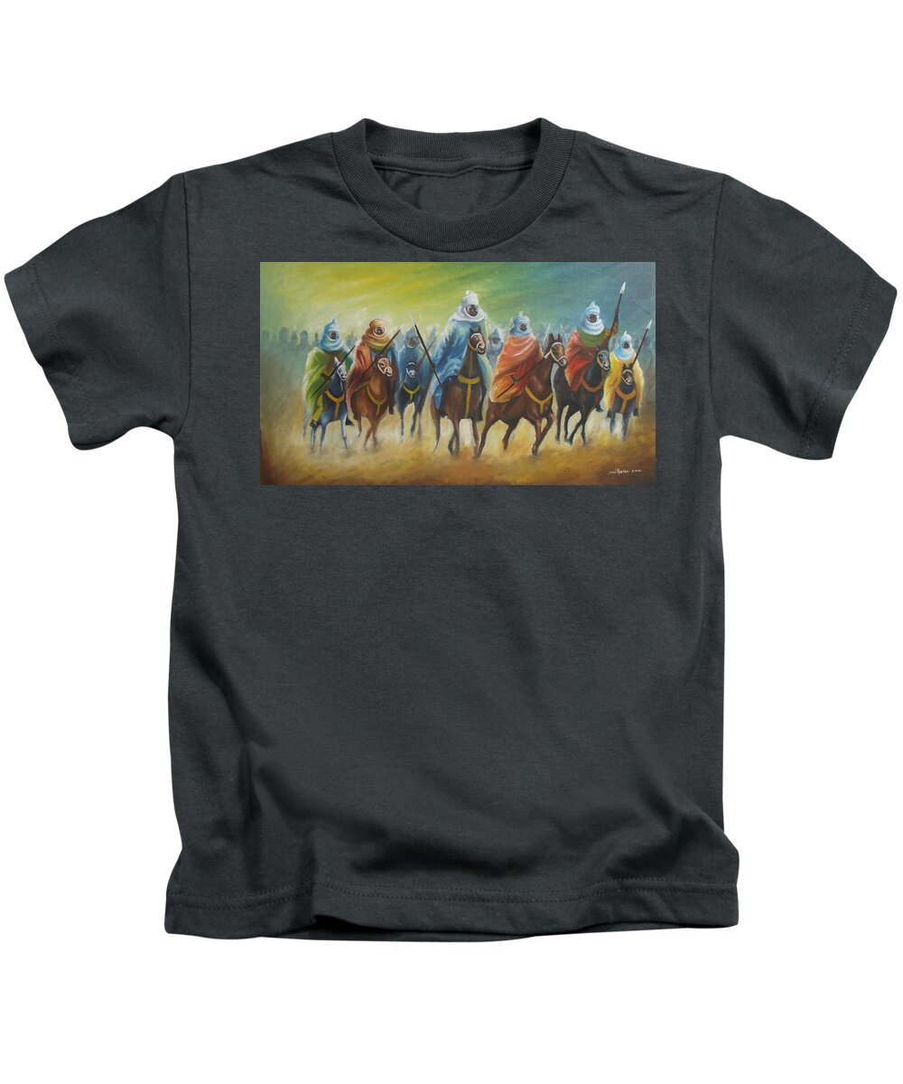 Yellow Kids T-Shirt featuring the painting Durbar Riders by Olaoluwa Smith