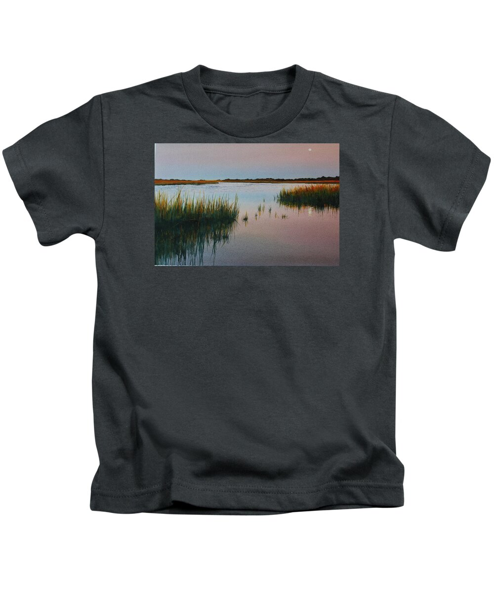 Muted Dusty Rose And Blues In A Carolina Water Scene.the Full Moon Can Be Seen Rising In The Distance Kids T-Shirt featuring the painting Dusk by Brenda Beck Fisher