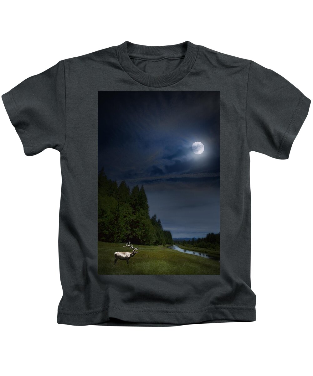 Elk Kids T-Shirt featuring the photograph Elk under a Full Moon by Belinda Greb